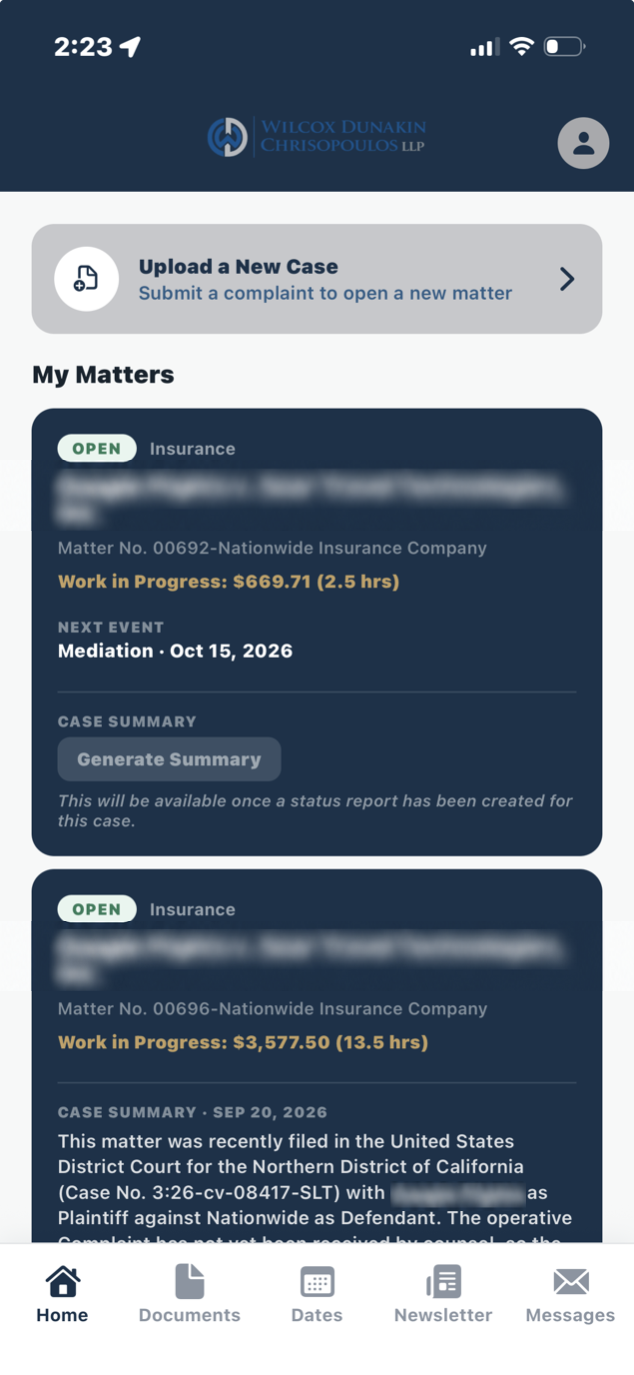 FirmRx adjuster app showing open matters